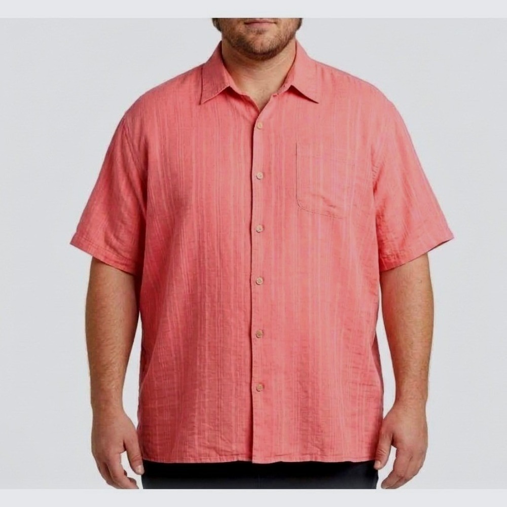 Tommy Bahama Mens XXL Coral Pink 100% Linen Short Sleeve Button Down Shirt